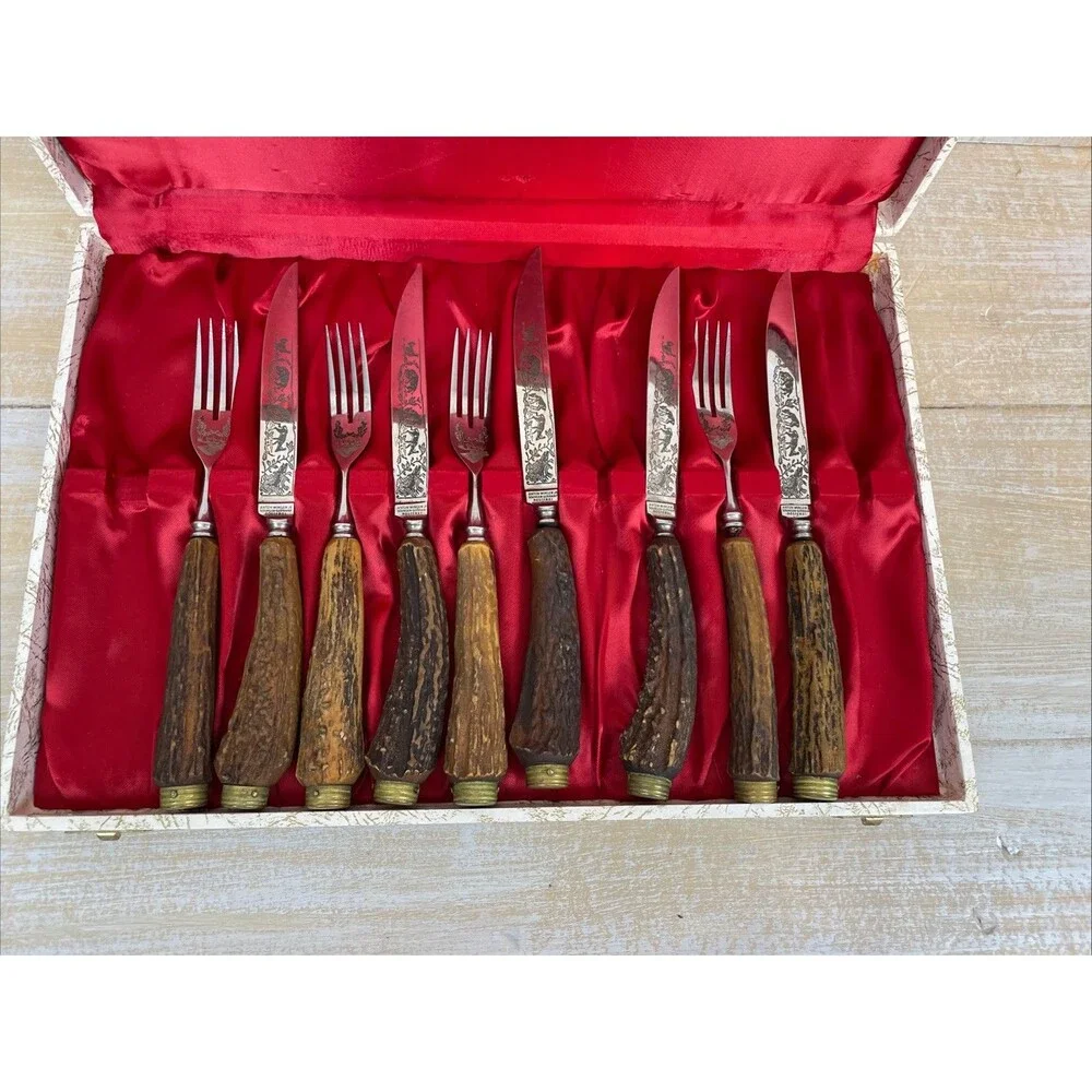 Anton Wingen Jr Solingen-Germany 9 pcs Rostfrei Flatware Stag Knife Fork Set